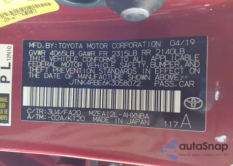 2019 Toyota Corolla Se from USA, damaged, VIN JTNK4RBE6K3058072